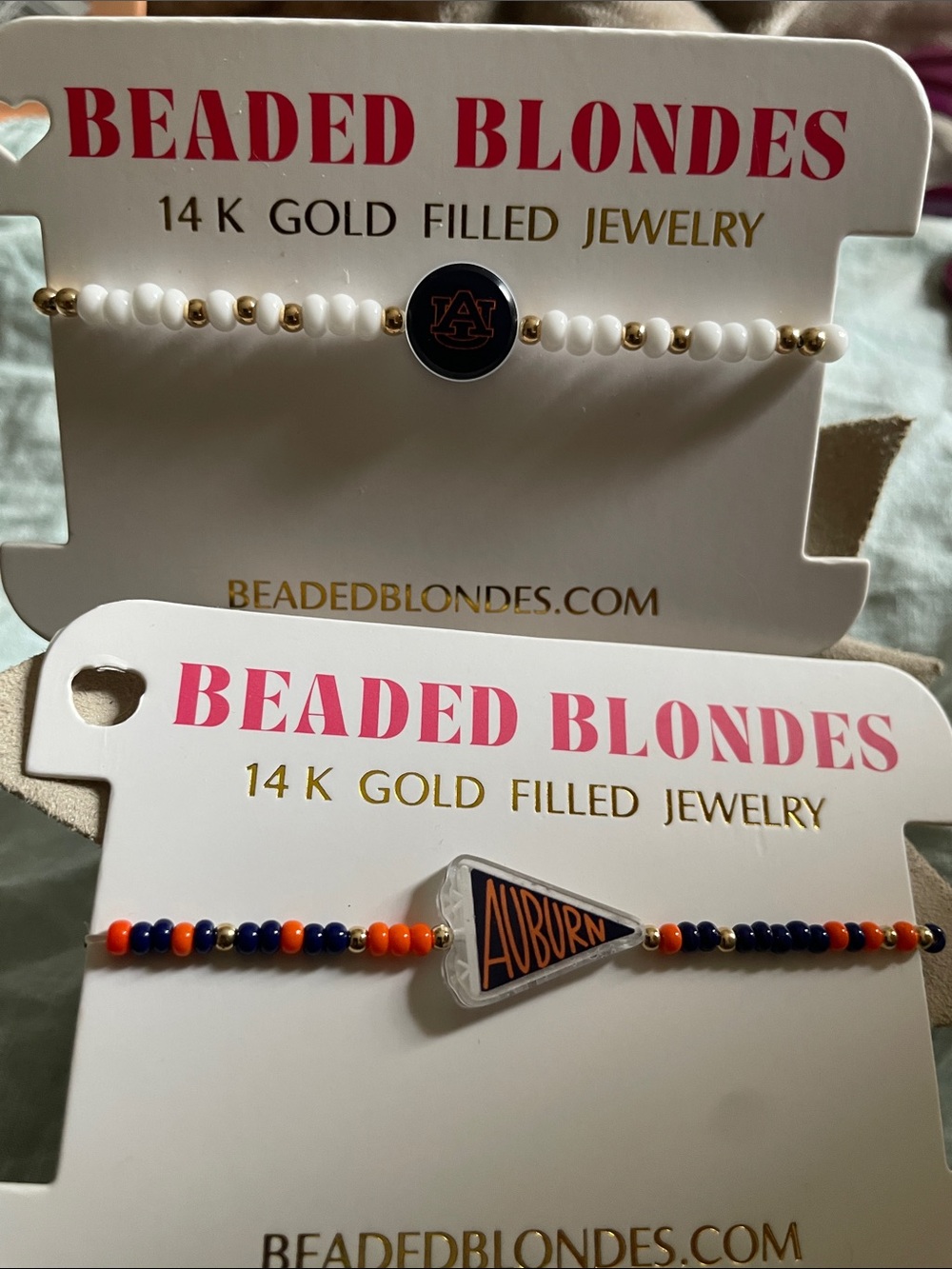 Gold & Acrylic Beaded Blonde Auburn Bracelet Duo- 14K Gold Filled NWT